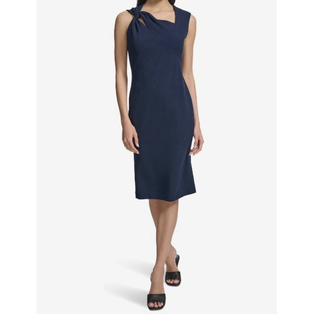 NWT Calvin Klein Crepe Sheath Dress Asymetrical Neckline Sleeveless Navy Sz 8